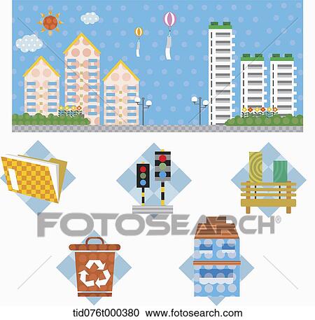 illustration of icons under a city View Large Photo Image Stock Image - illustration of icons under a city. Fotosearch