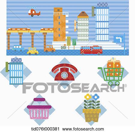 illustration of icons under a city View Large Photo Image Stock Image - illustration of icons under a city. Fotosearch