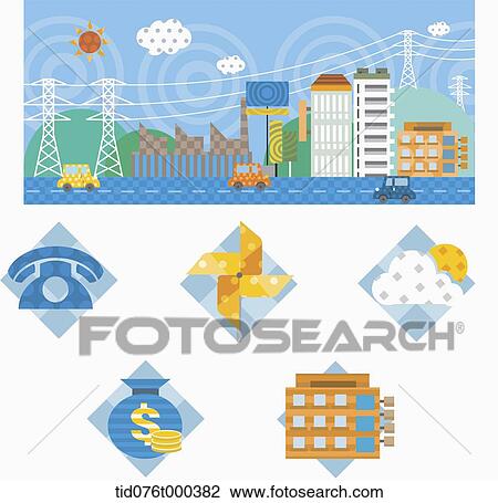 illustration of icons under a city View Large Photo Image Stock Image - illustration of icons under a city. Fotosearch