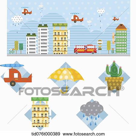 illustration of icons under a city View Large Photo Image Stock Photo - illustration of icons under a city. Fotosearch