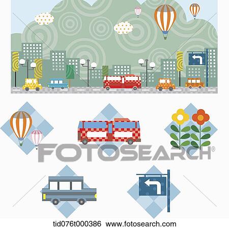 illustration of icons under a city View Large Photo Image Stock Photograph - illustration of icons under a city. Fotosearch