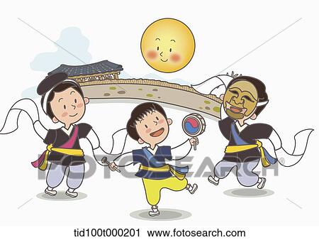 Stock Image - illustration of people with traditional clothes playing Korean instruments . Fotosearch