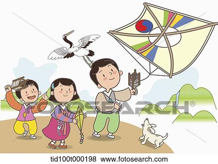 illustration of people with traditional clothes playing kites View Large Photo Image Stock Photo - illustration of people with traditional clothes playing kites . Fotosearch