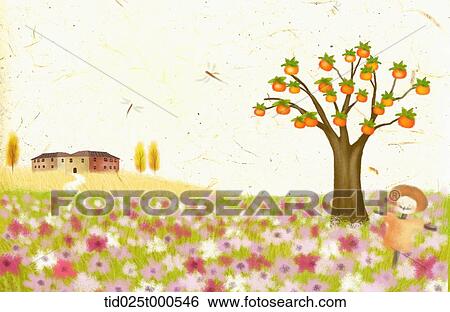illustration of persimmon fruit tree on field View Large Photo Image Stock Photograph - illustration of persimmon fruit tree on field. Fotosearch