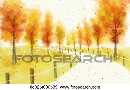 illustration of walk way in orange and red autumn trees View Large Photo Image Stock Photo - illustration of walk way in orange and red autumn trees . Fotosearch