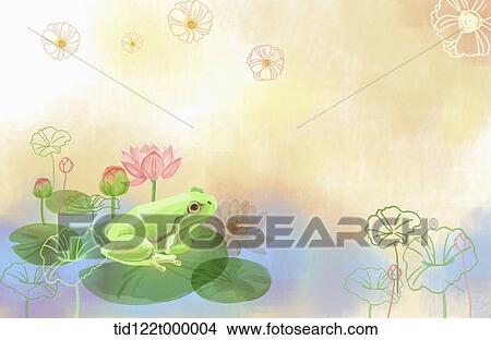 Picture - illustration scenery featuring frog on lotus leaf. Fotosearch