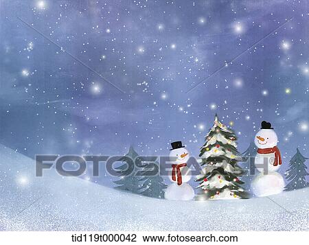 Stock Image - illustration scenery featuring snowmen . Fotosearch