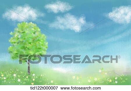 illustration scenery featuring tree in the green field View Large Photo Image Stock Photo - illustration scenery featuring tree in the green field . Fotosearch