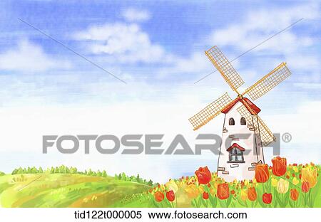 Stock Photography - illustration scenery featuring windmill and tulips . Fotosearch