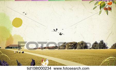 illustration scenery of traditional Korean field and building View Large Photo Image Picture - illustration scenery of traditional Korean field and building. Fotosearch
