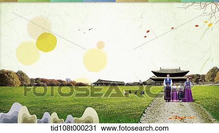 illustration scenery of traditional Korean buildings with Korean family View Large Photo Image Stock Image - illustration scenery of traditional Korean buildings with Korean family. Fotosearch