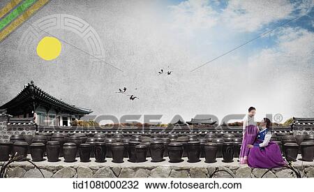illustration scenery of traditional Korean buildings with Korean family View Large Photo Image Stock Image - illustration scenery of traditional Korean buildings with Korean family. Fotosearch
