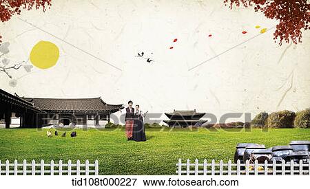 illustration scenery of traditional Korean buildings with Korean couple View Large Photo Image Stock Photo - illustration scenery of traditional Korean buildings with Korean couple. Fotosearch