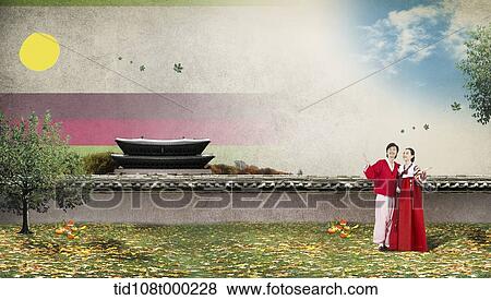 illustration scenery of traditional Korean buildings with Korean couple View Large Photo Image Stock Photo - illustration scenery of traditional Korean buildings with Korean couple. Fotosearch