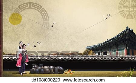 illustration scenery of traditional Korean buildings with Korean couple View Large Photo Image Stock Photo - illustration scenery of traditional Korean buildings with Korean couple. Fotosearch
