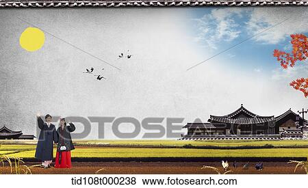 illustration scenery of traditional Korean buildings with Korean couple View Large Photo Image Stock Photo - illustration scenery of traditional Korean buildings with Korean couple. Fotosearch
