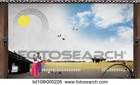 illustration scenery of traditional Korean buildings with Korean couple View Large Photo Image Stock Photograph - illustration scenery of traditional Korean buildings with Korean couple. Fotosearch