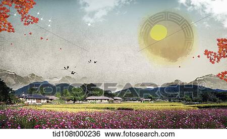 illustration scenery of traditional Korean field and building View Large Photo Image Stock Photograph - illustration scenery of traditional Korean field and building. Fotosearch