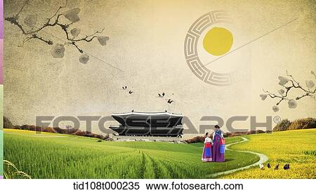 illustration scenery of traditional Korean buildings with Korean family View Large Photo Image Stock Photography - illustration scenery of traditional Korean buildings with Korean family. Fotosearch