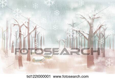 illustration scenery of winter trees and snow View Large Photo Image Stock Image - illustration scenery of winter trees and snow. Fotosearch
