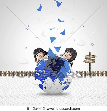 kids hiding behind a globe in winter View Large Photo Image Stock Image - kids hiding behind a globe in winter. Fotosearch