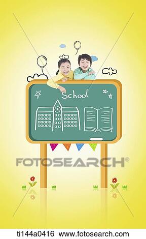 Stock Photograph - kids leaning on a blackboard with school picture. Fotosearch