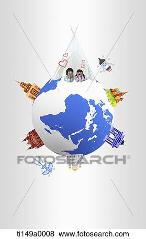 Stock Photo - kids lying inside a tent on top of a globe. Fotosearch