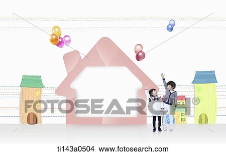 Picture - kids next to illustrated houses. Fotosearch