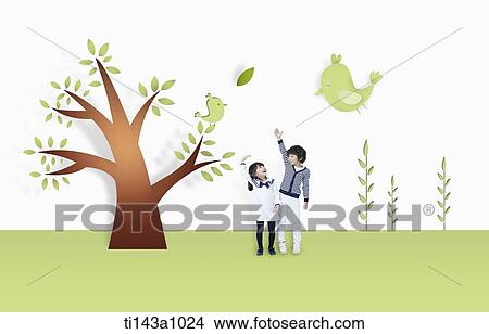 kids next to illustrated tree and birds View Large Photo Image Picture - kids next to illustrated tree and birds. Fotosearch