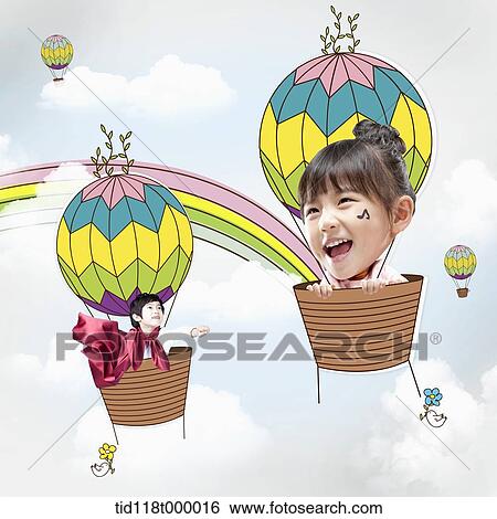 kids on hot air balloon in the sky View Large Photo Image Stock Photograph - kids on hot air balloon in the sky. Fotosearch