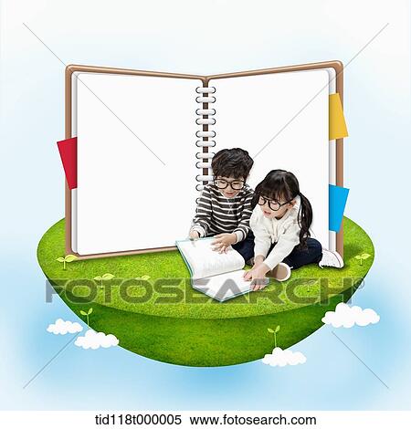 kids sharing a book in the sky View Large Photo Image Stock Photography - kids sharing a book in the sky. Fotosearch