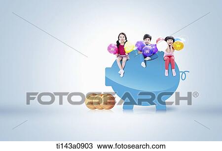 kids sitting on a blue piggy bank View Large Photo Image Stock Image - kids sitting on a blue piggy bank. Fotosearch