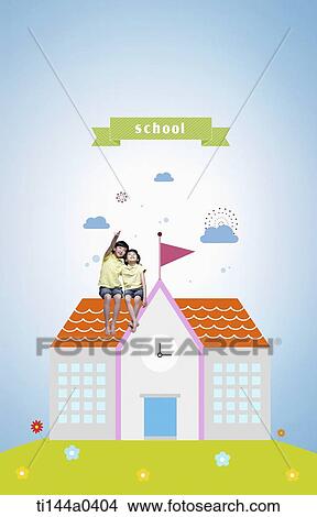 kids sitting on illustrated school View Large Photo Image Picture - kids sitting on illustrated school. Fotosearch