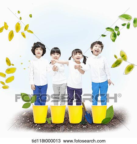 kids standing on yellow vases View Large Photo Image Stock Image - kids standing on yellow vases. Fotosearch