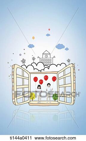 kids standing with illustrated balloons in the window View Large Photo Image Stock Image - kids standing with illustrated balloons in the window. Fotosearch
