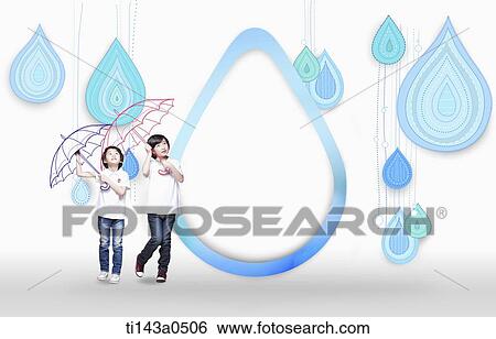 Stock Photograph - kids standing with illustrated rain drops. Fotosearch
