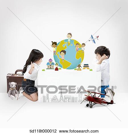 kids with a globe between View Large Photo Image Stock Image - kids with a globe between . Fotosearch
