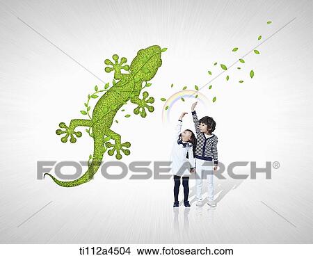 kids with illustrated gecko View Large Photo Image Picture - kids with illustrated gecko. Fotosearch