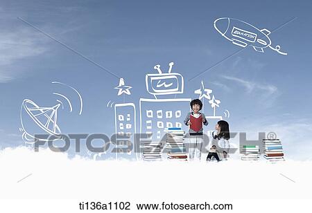 Stock Image - kids with piles of books in the sky. Fotosearch