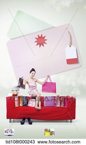 Stock Image - memo template featuring a woman in dress on a couch with shopping bags . Fotosearch