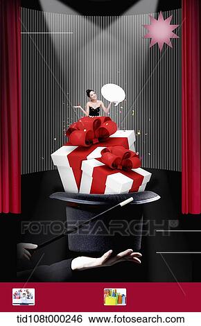 Stock Photograph - memo template featuring a woman with gift boxes from magician hat. Fotosearch
