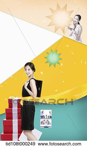 memo template featuring woman next to a pile of gift boxes View Large Photo Image Stock Photo - memo template featuring woman next to a pile of gift boxes . Fotosearch