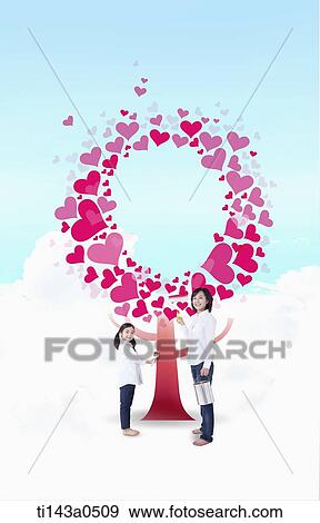 Stock Photo - mother and daughter next to an illustrated tree. Fotosearch