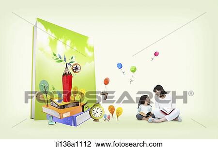 mother and daughter sitting next to illustrated books View Large Photo Image Stock Image - mother and daughter sitting next to illustrated books. Fotosearch