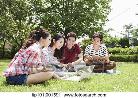 students sitting on grass studying with laptop together View Large Photo Image Stock Image - students sitting on grass studying with laptop together. Fotosearch