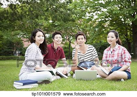 Stock Photo - students sitting on grass studying with laptop together. Fotosearch