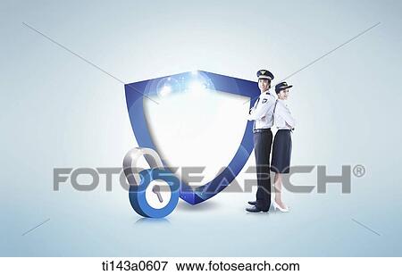 two police officers standing next to an illustrated shield View Large Photo Image Stock Photo - two police officers standing next to an illustrated shield. Fotosearch