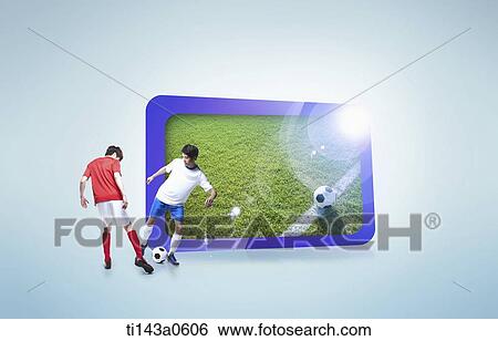 Stock Photograph - two soccer players next to a screen with a field. Fotosearch