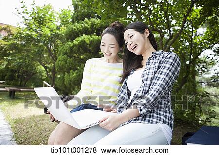 Stock Photo - university students studying together while sitting on a bench in the campus. Fotosearch