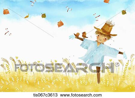 an illustration of an autumn themed field with a scarecrow View Large Illustration Drawing - an illustration of an autumn themed field with a scarecrow. Fotosearch